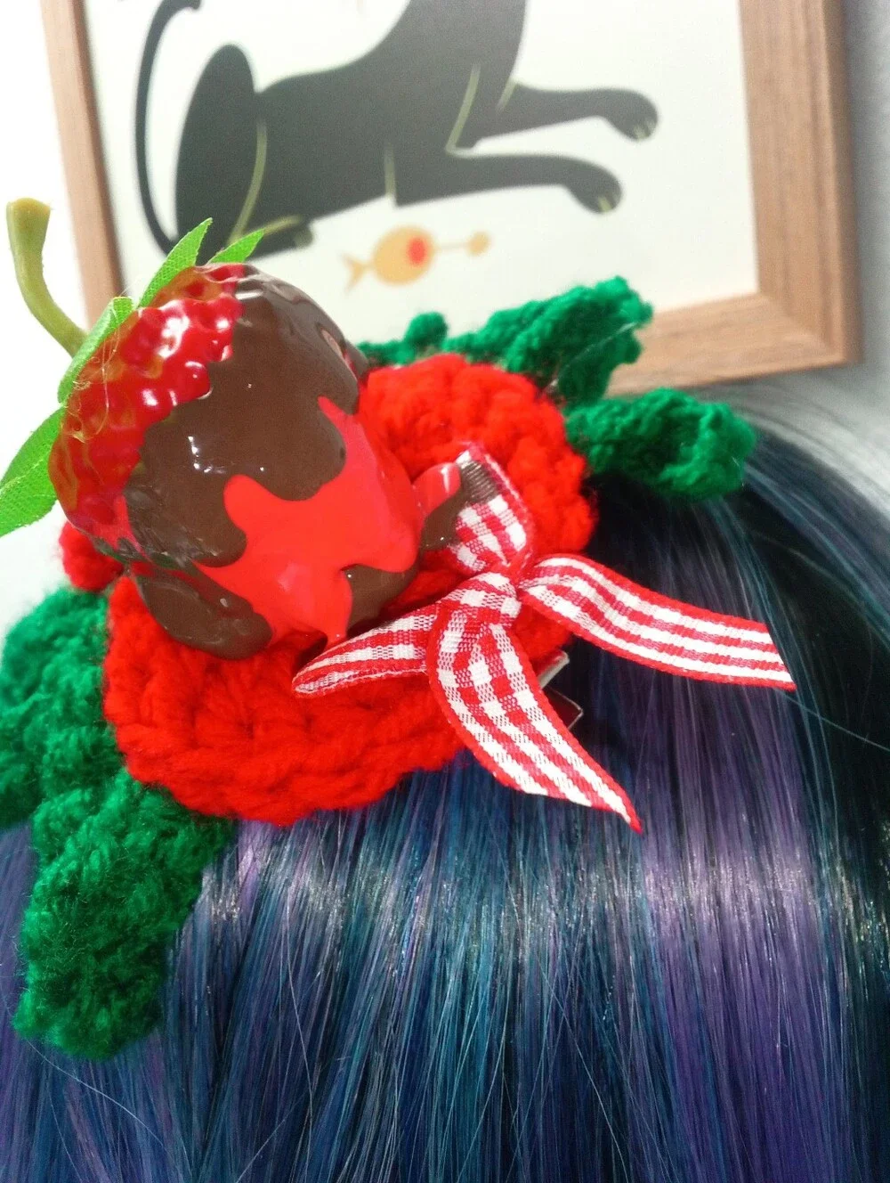 Crocheted Chocolate Covered Strawberry Themed Spider Clip